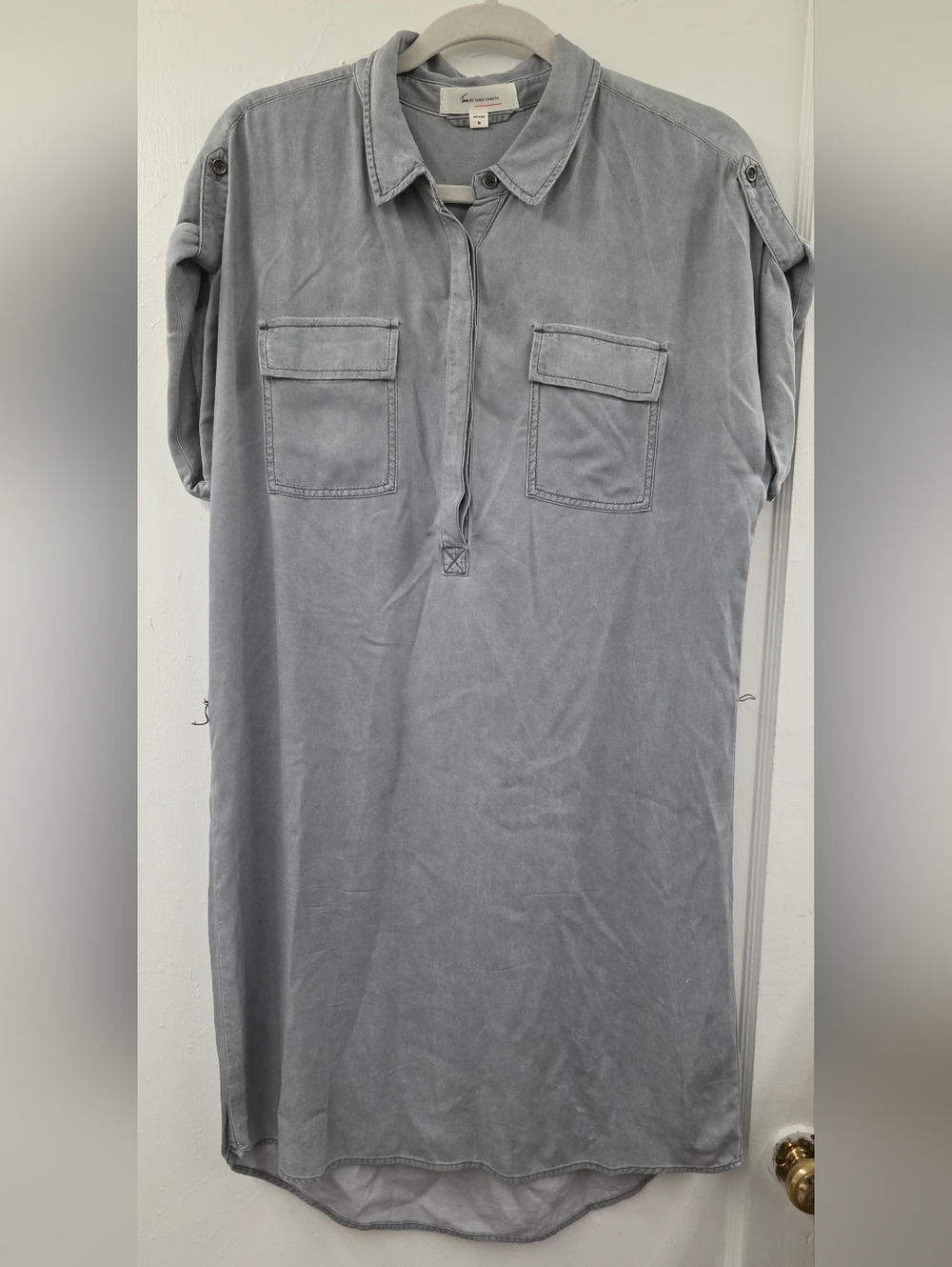Two by Vince Camuto Gray Utility Shirt Dress Roll Tab Sleeve M